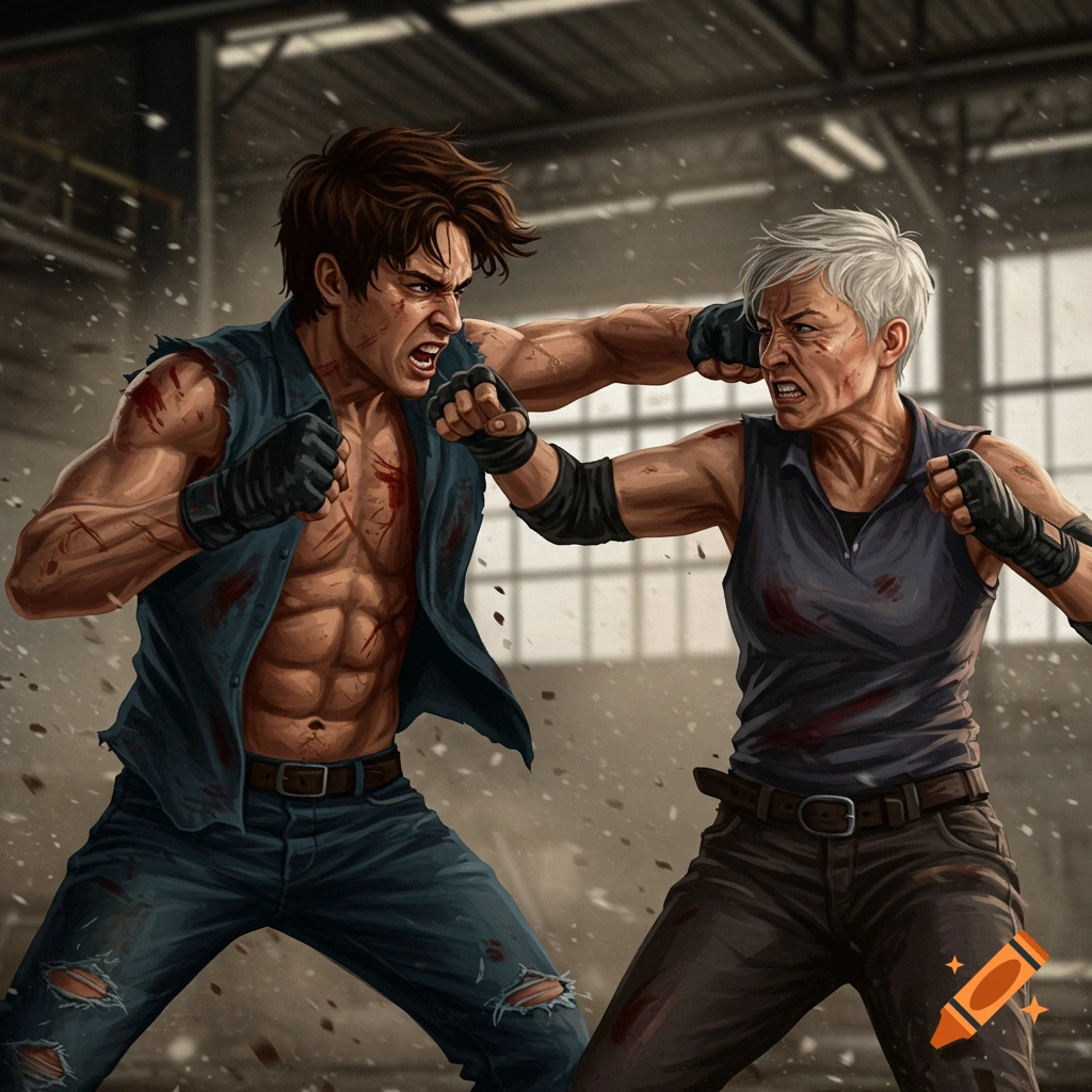 A man and woman fighting in an industrial building