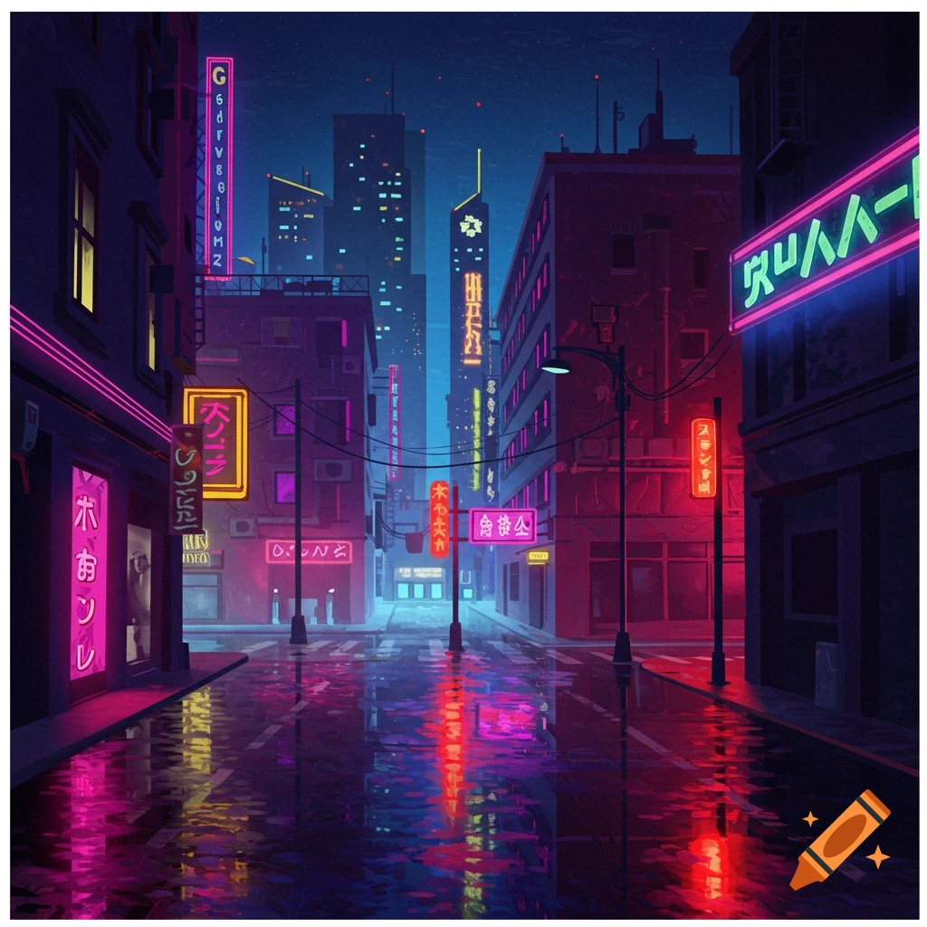 Neon-lit city street at night.