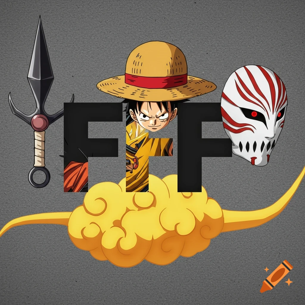 Anime style image with text FFP featuring Monkey D. Luffy's hat, Son Goku's flying nimbus, Ichigo Kurosaki's hollow mask, and a kunai.