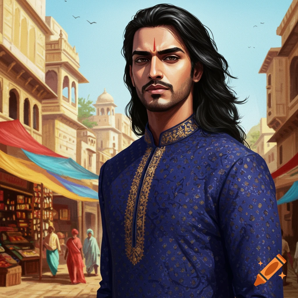 An Indian man in traditional blue clothing is standing in a market.