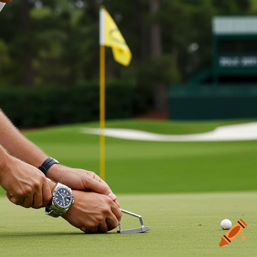 Close-up of a person's hands wearing a watch, marking a golf ball on a green with a putter. A flag is in the blurred background.