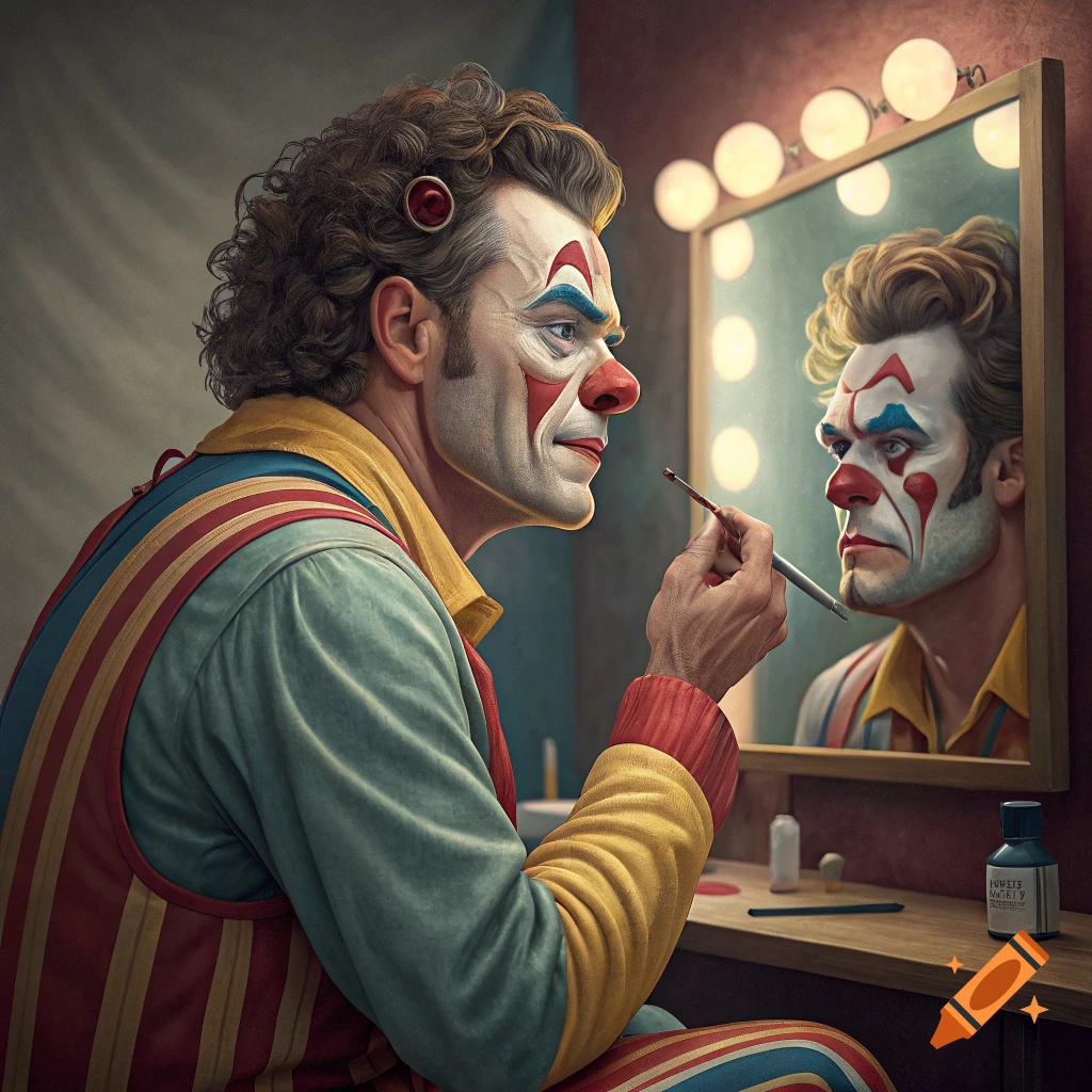 A clown applying makeup in front of a mirror