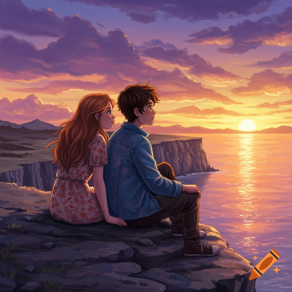 Illustrative painting of a young couple watching a vibrant sunset over the ocean from a cliff.