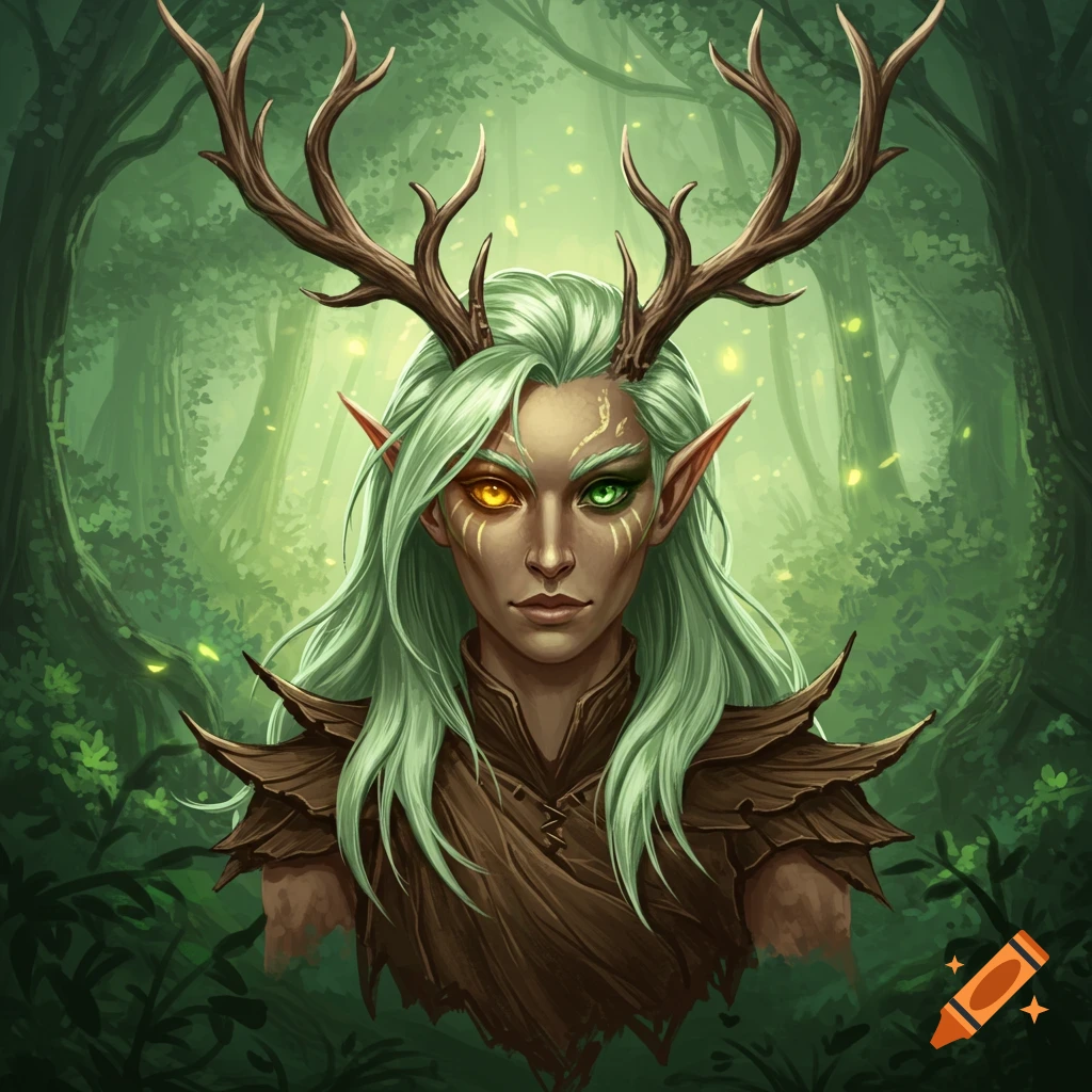 A wood elf with antlers, one gold eye and one green eye, and light green hair in a forest.