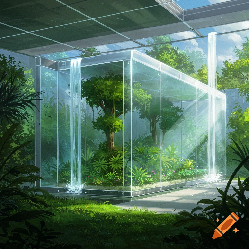 A futuristic transparent greenhouse sanctuary with trees, plants, and waterfalls inside.