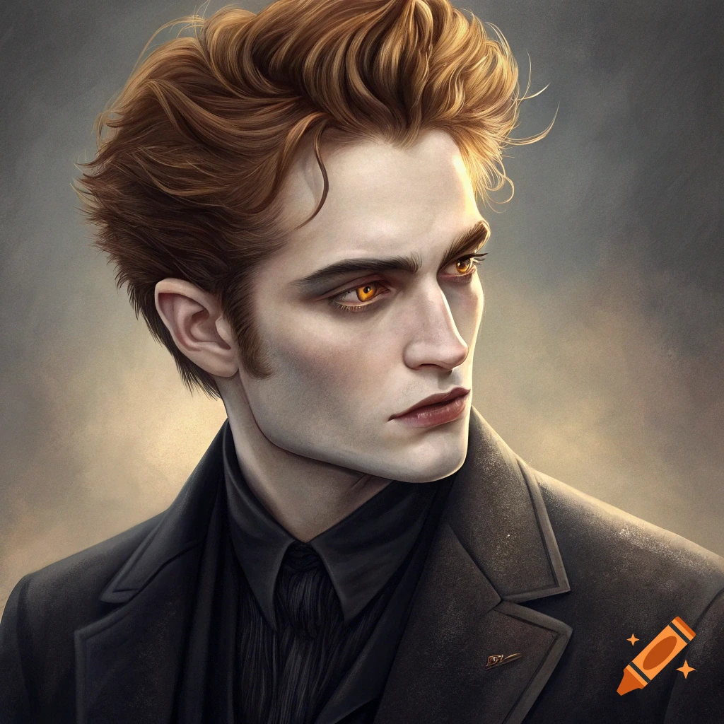 Portrait of a man with orange eyes and reddish hair, wearing a black coat and shirt.