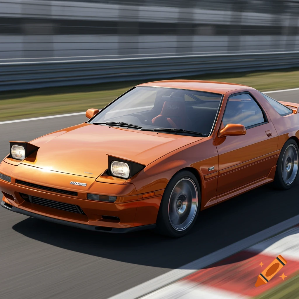 A metallic orange 1991 Mazda RX7 racing on a track.