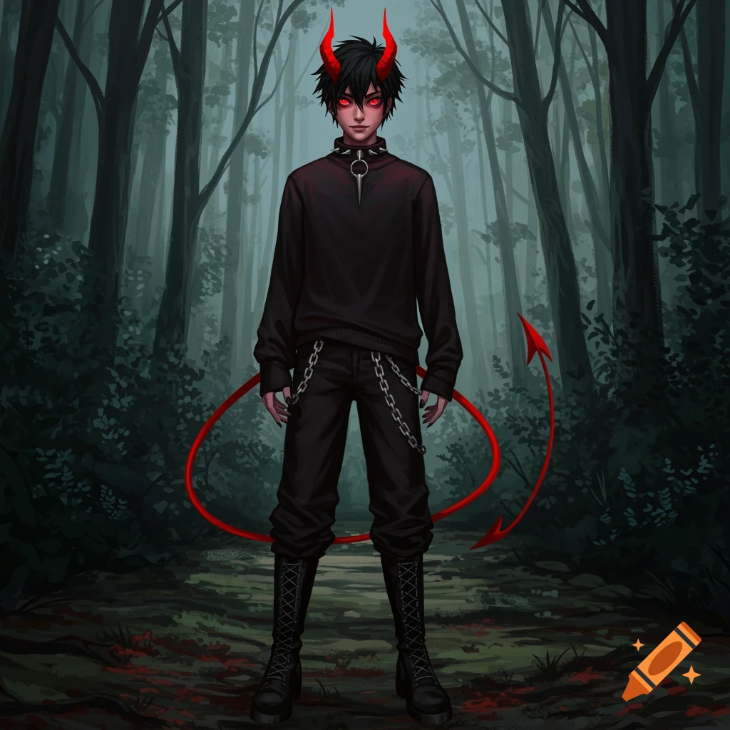 Anime-style image of a boy with red eyes, demon horns and tail, wearing black in a forest.