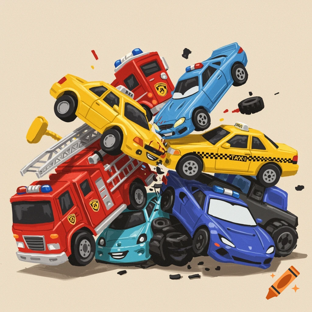 Vibrant chaotic pile-up of toy cars including a fire truck, police cars, and taxis.