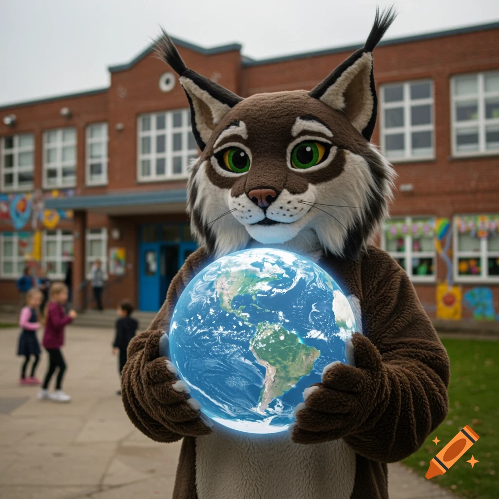 A lynx mascot holds a glowing globe of the Earth in front of a school.