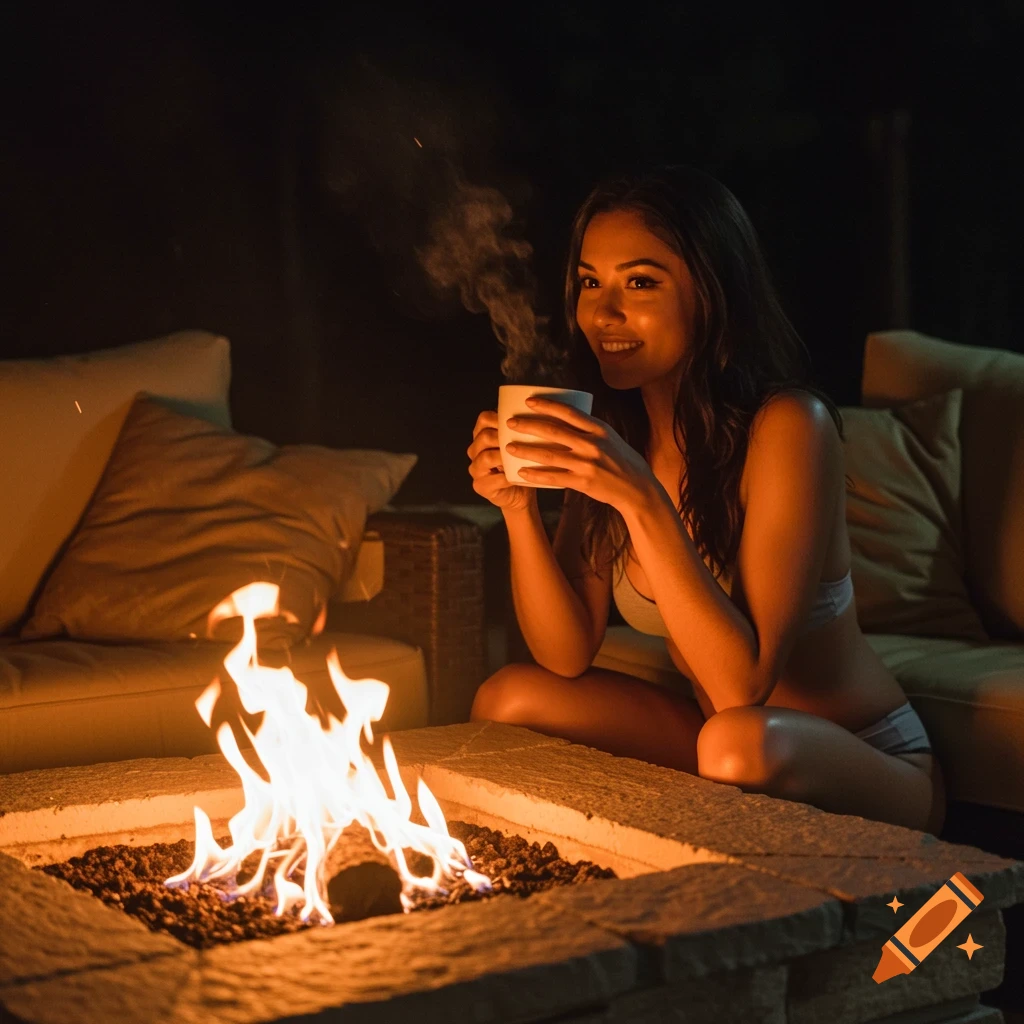 Young woman holding a mug by a fire pit at night