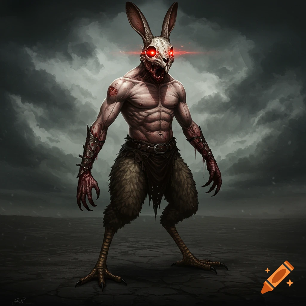 A horror monster with a rabbit skull for a head, a muscular human body, and chicken legs stands in a desolate landscape.