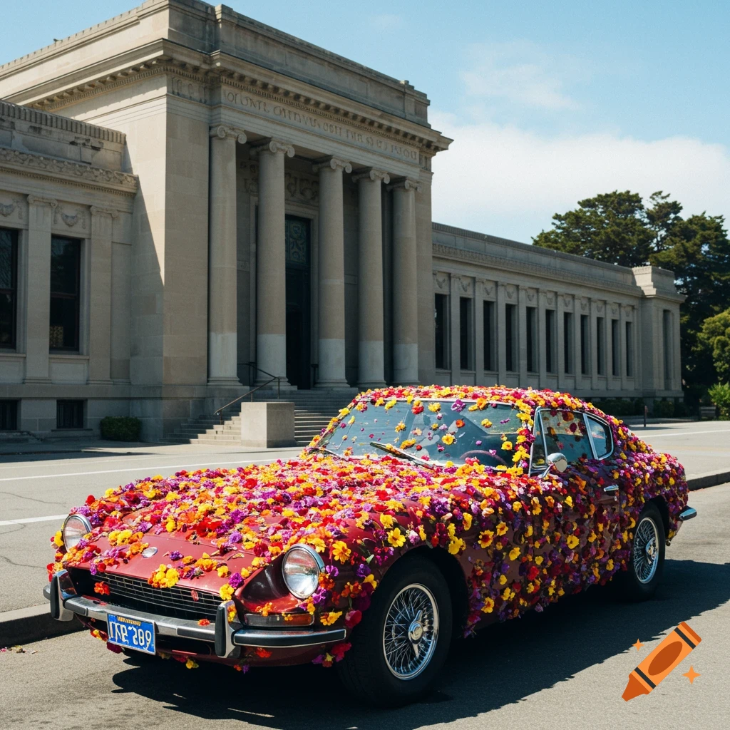 A vintage car is covered in colorful flowers in front of a classical building with columns.