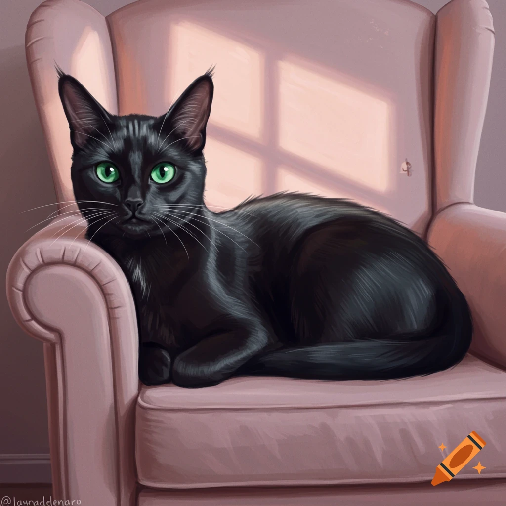 A black cat sits on a pink armchair with sunlight streaming through a window.