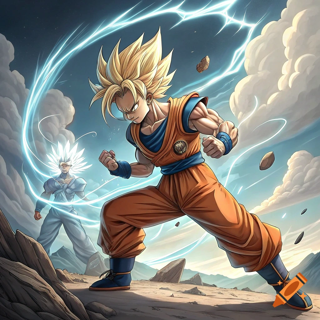 Goku-like and Invincible-like characters power up in a rocky landscape with energy lightning.