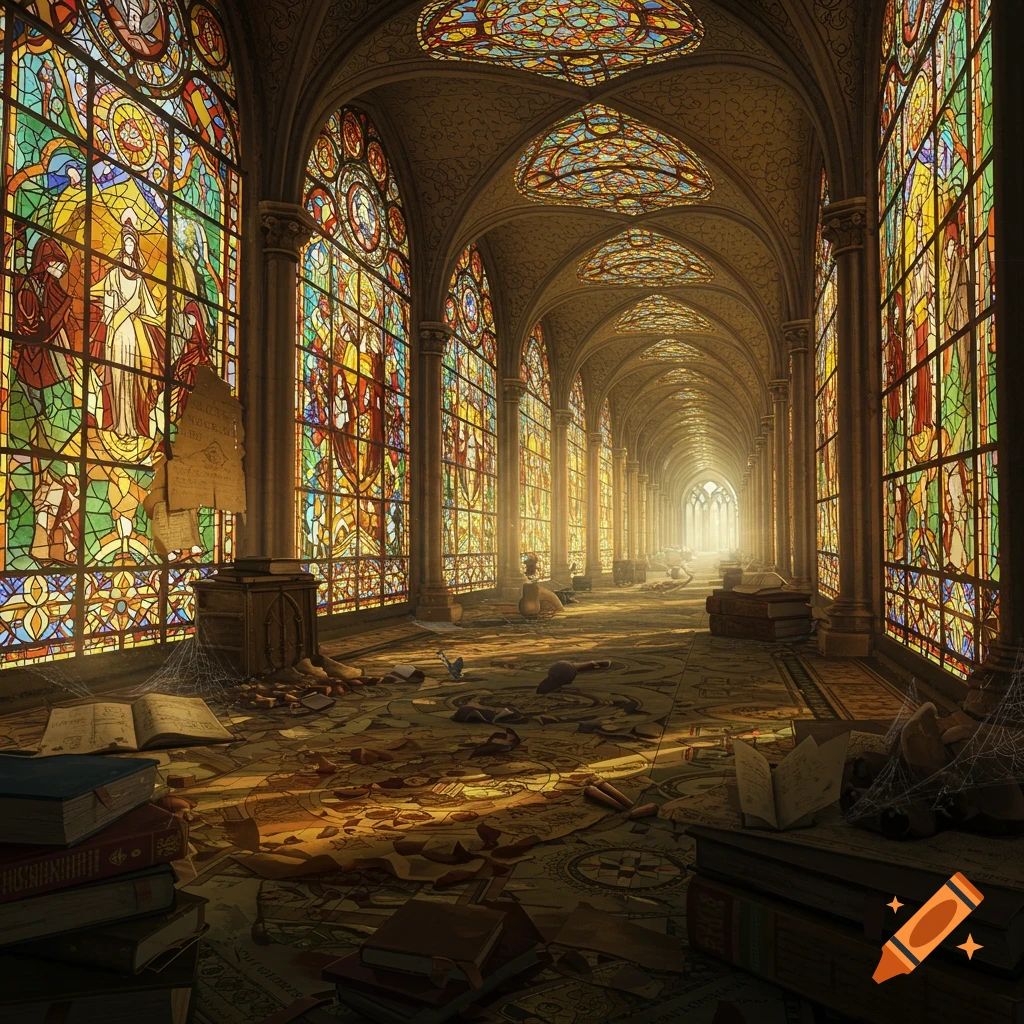 A long hallway lined with large stained glass windows, scattered with books, papers, and maps.