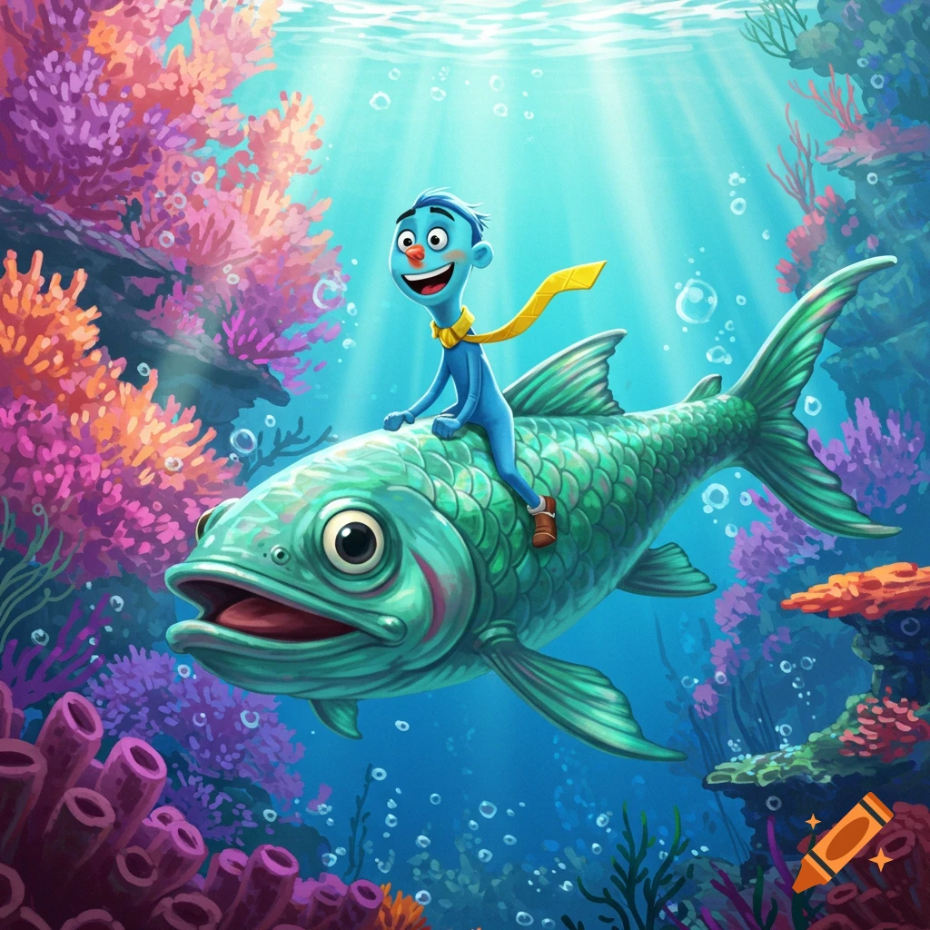 A blue cartoon character with a yellow tie rides a large green fish in a colorful coral reef.