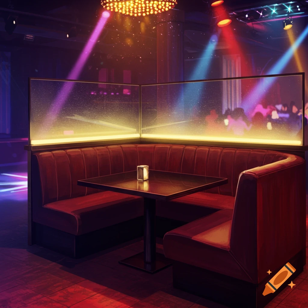 A red booth inside a nightclub with colorful stage lights.