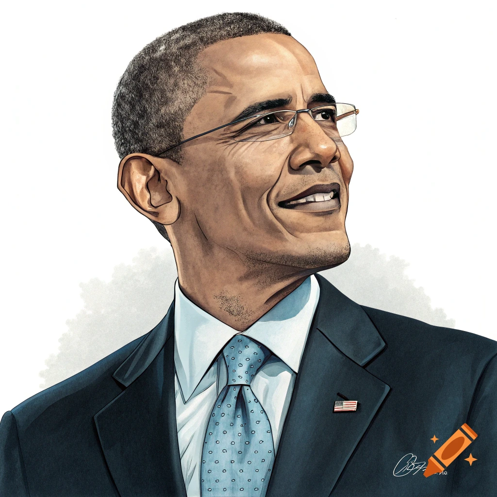 Illustration of Barack Obama in a suit and tie, smiling and looking up.