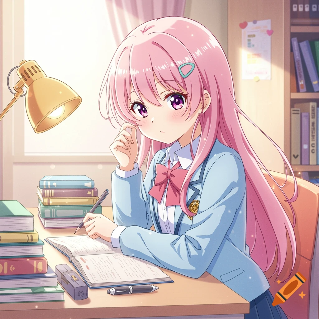 Anime girl with pink hair in a school uniform studying at a desk with books.
