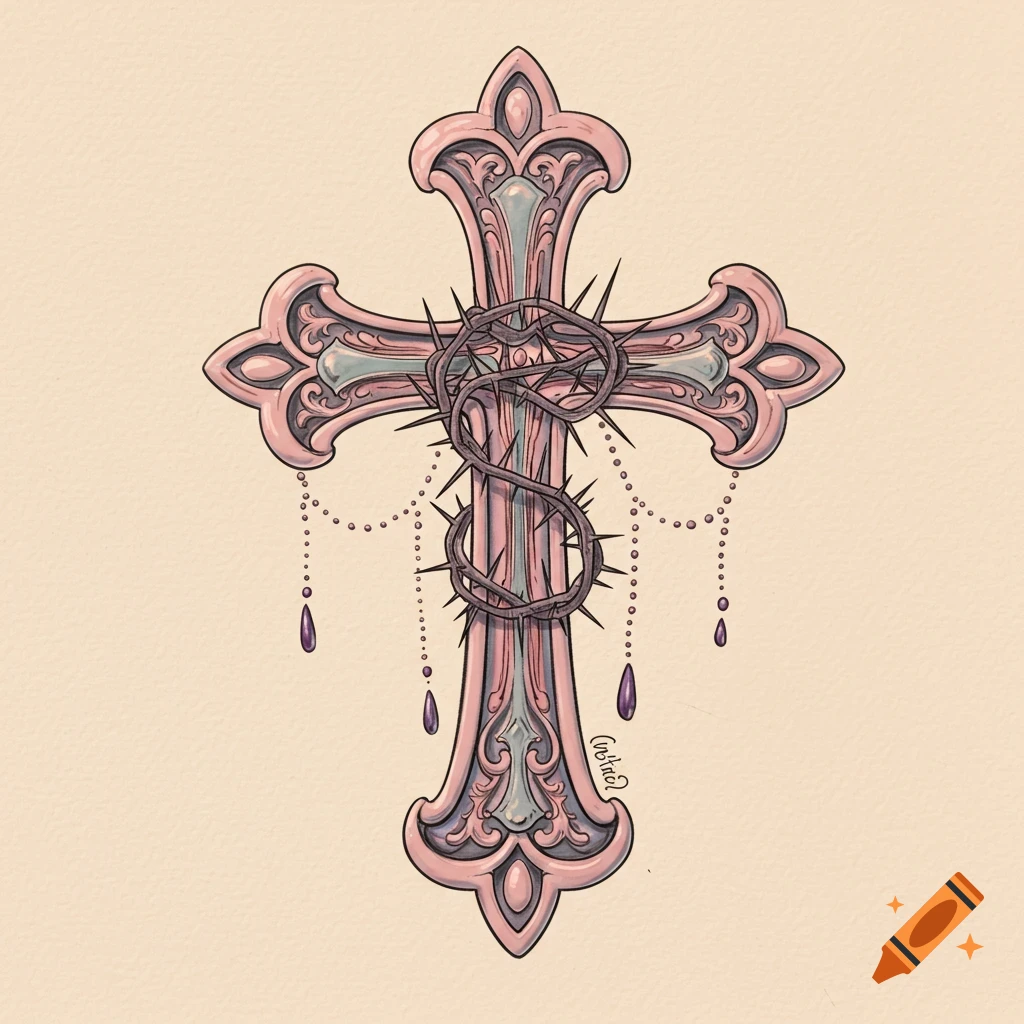 Digital illustration of a decorated cross wrapped with a crown of thorns, dripping beads and jewels.