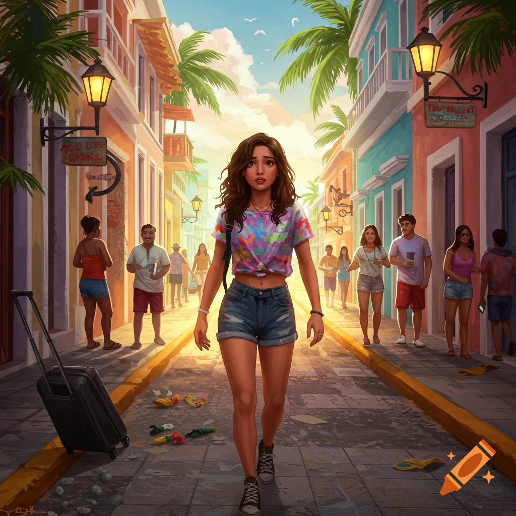 A young woman walking down a colorful tropical street with a suitcase during the day.