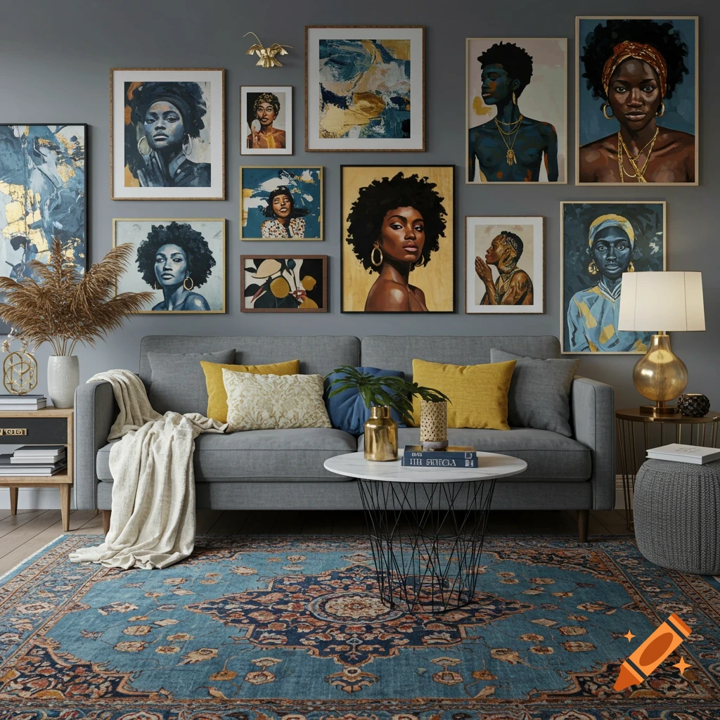 A stylish living room with a grey couch, blue rug, and a gallery wall featuring abstract art and diverse portraits.