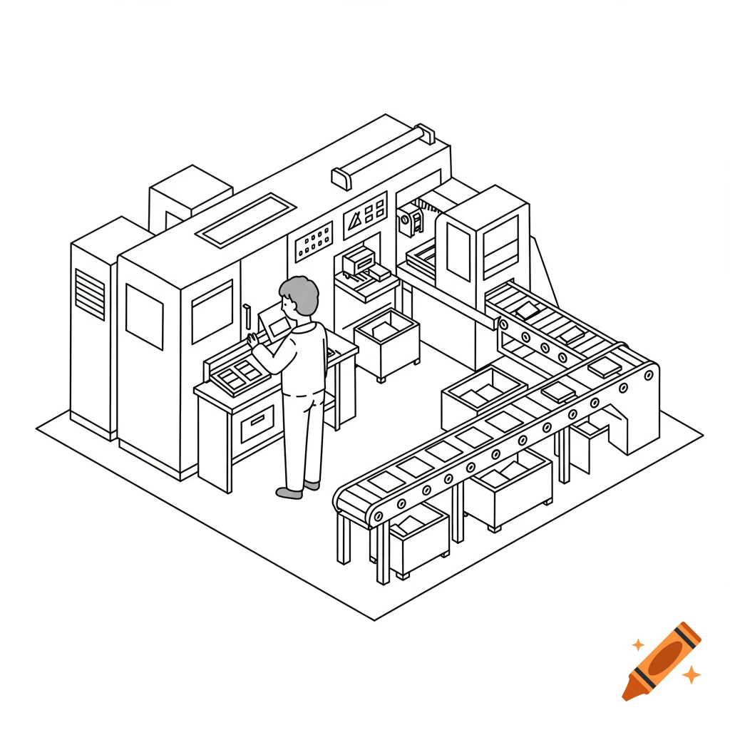 Isometric line drawing of a person working at a machine in a factory with a conveyor belt.