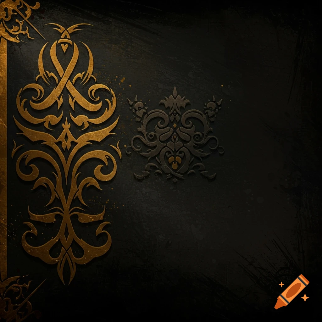Golden and dark grey ornate design on a dark background.