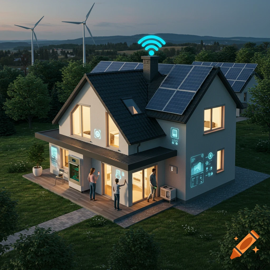 A modern house with solar panels and digital displays, a family on the porch, wind turbines in the background.