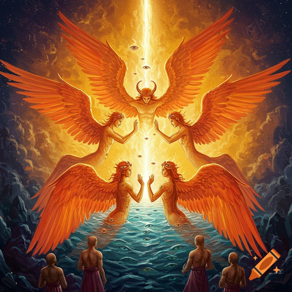 Fiery winged beings and eyes in water and light, observed by figures below.