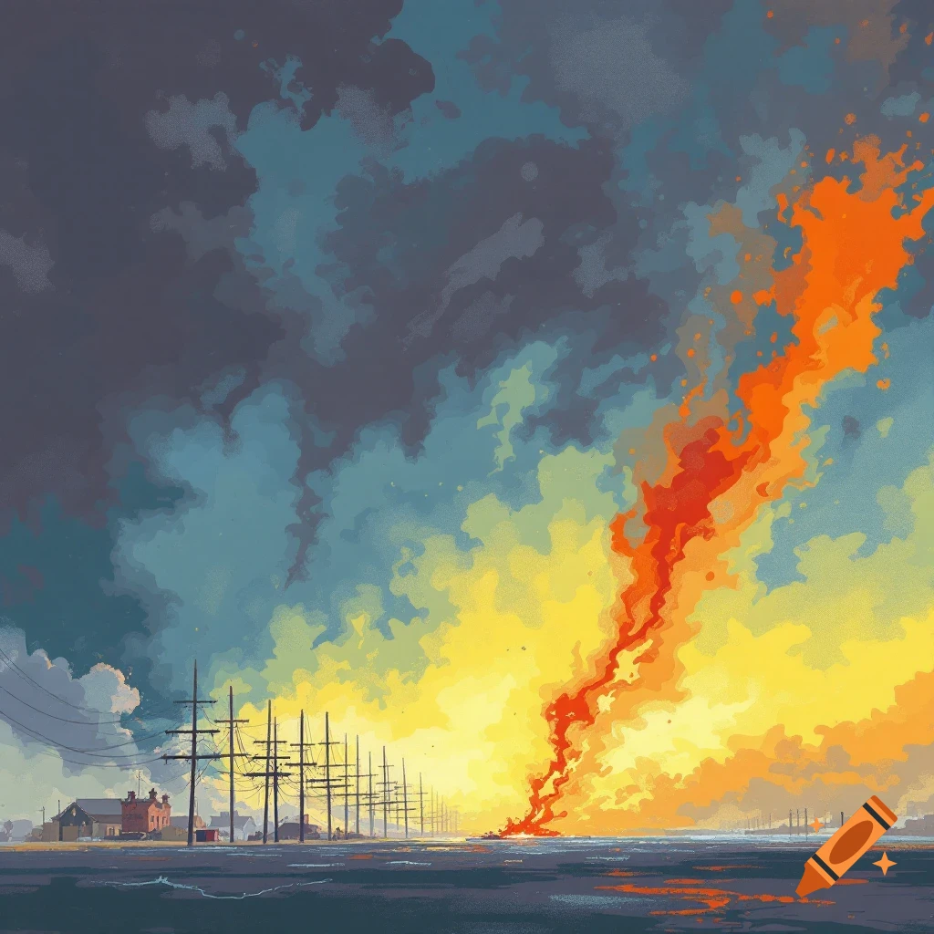Huge fire over water near a coast with buildings and masts under a stormy sky.