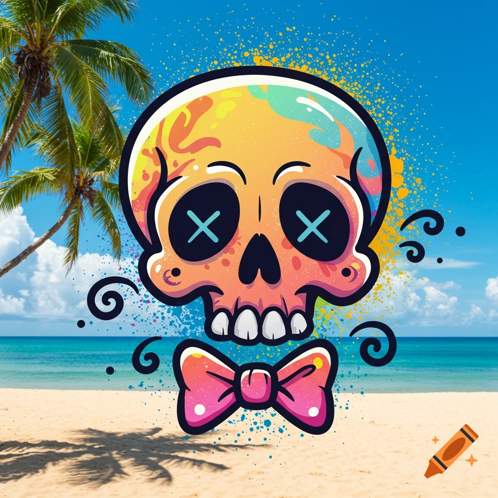A colorful cartoon skull with a pink bow tie over a beach background.