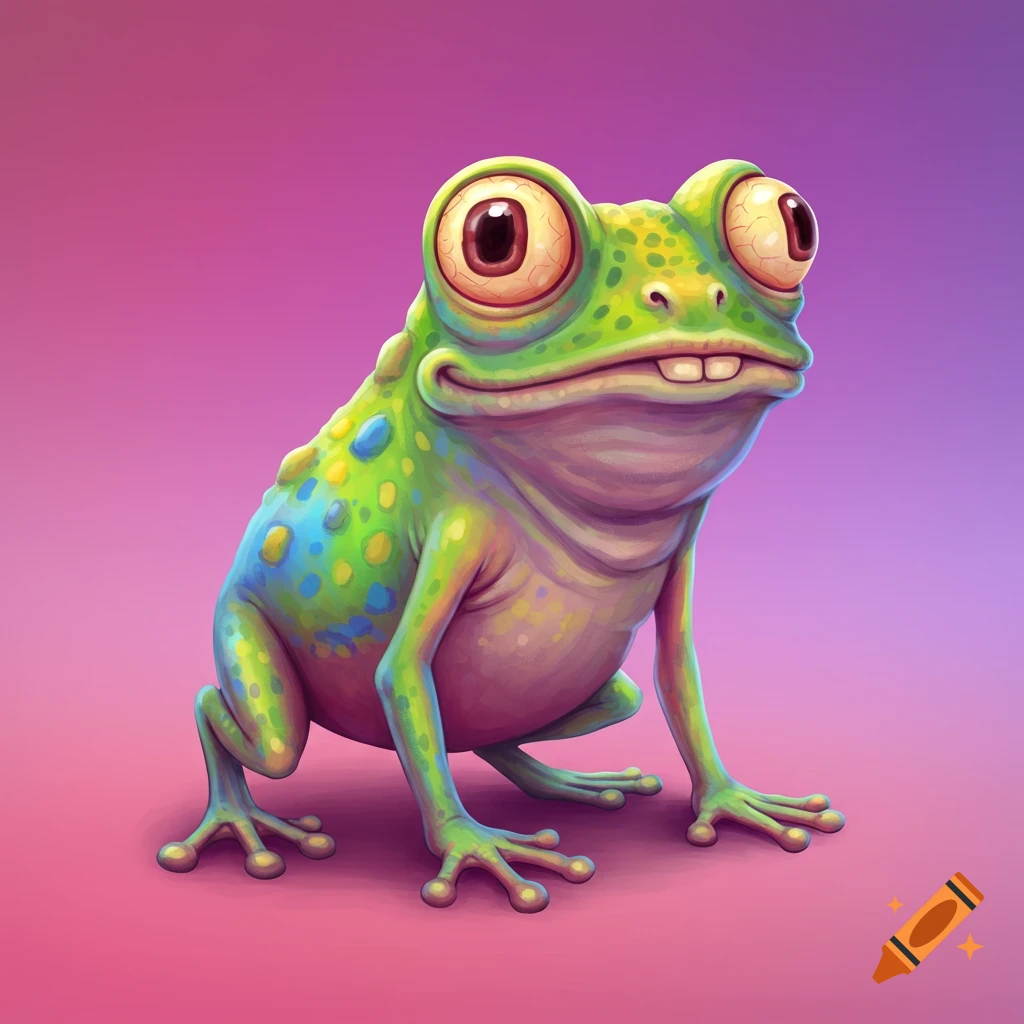 A goofy cartoon green frog with big eyes and colorful spots.