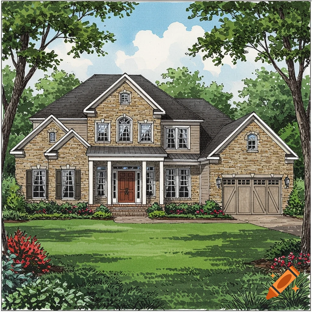 Illustration of a stone house with double doors, porch, garage, and lush landscaping.