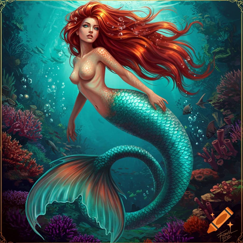 A mermaid with red hair swims underwater among coral and fish.