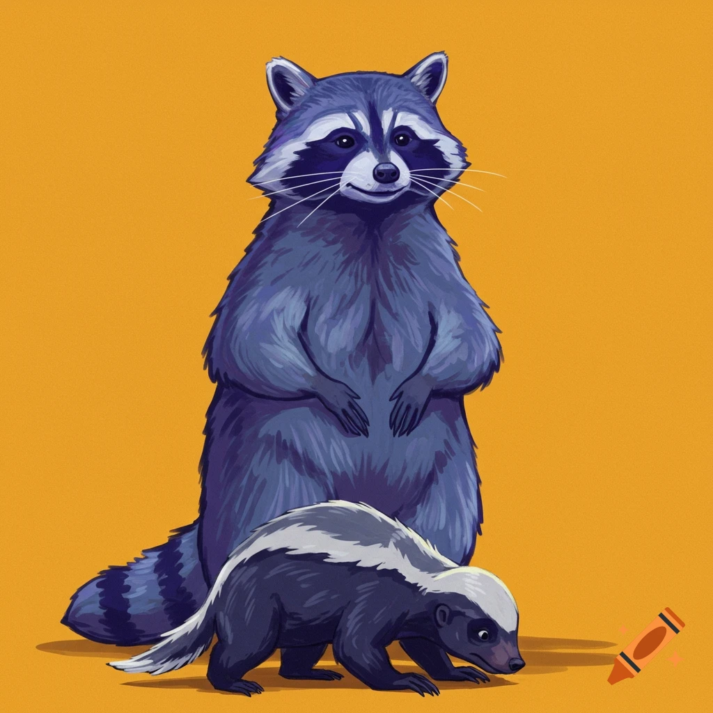 A standing raccoon and a skunk on an orange background.