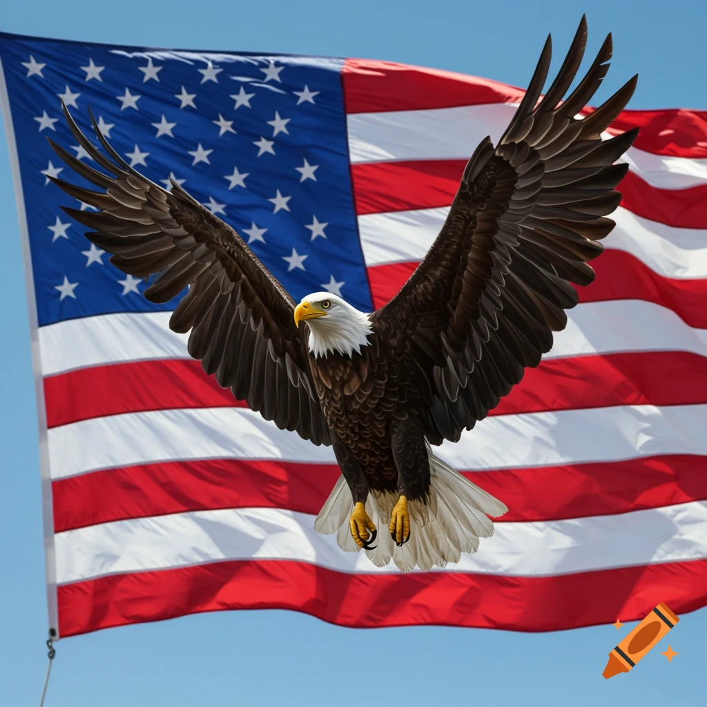 A bald eagle flying in front of a large American flag against a blue sky.
