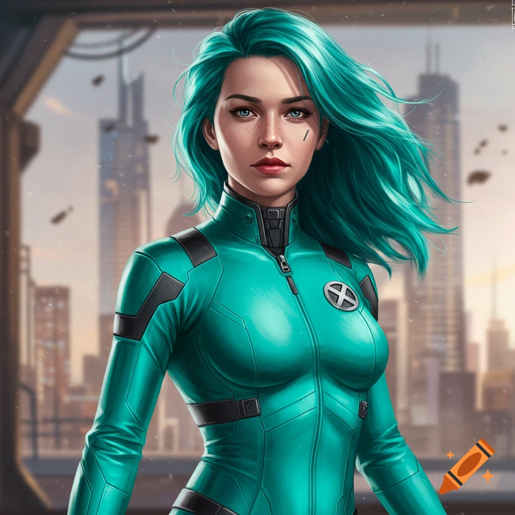 Painting of a woman with teal hair in a green superhero suit with an X logo against a city skyline.