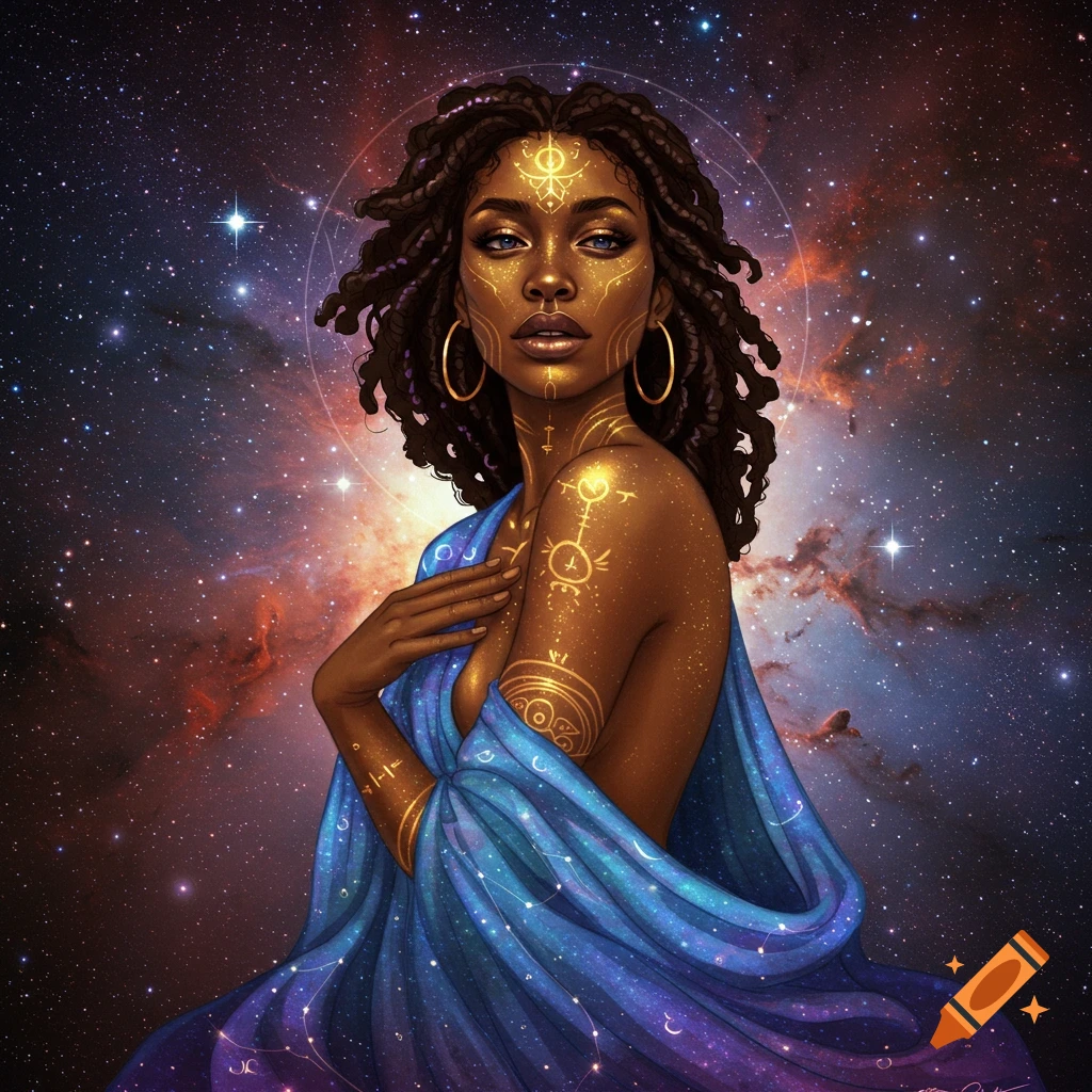 Black woman with golden cosmic markings on her face and body, wearing blue cloth against a starry space background.
