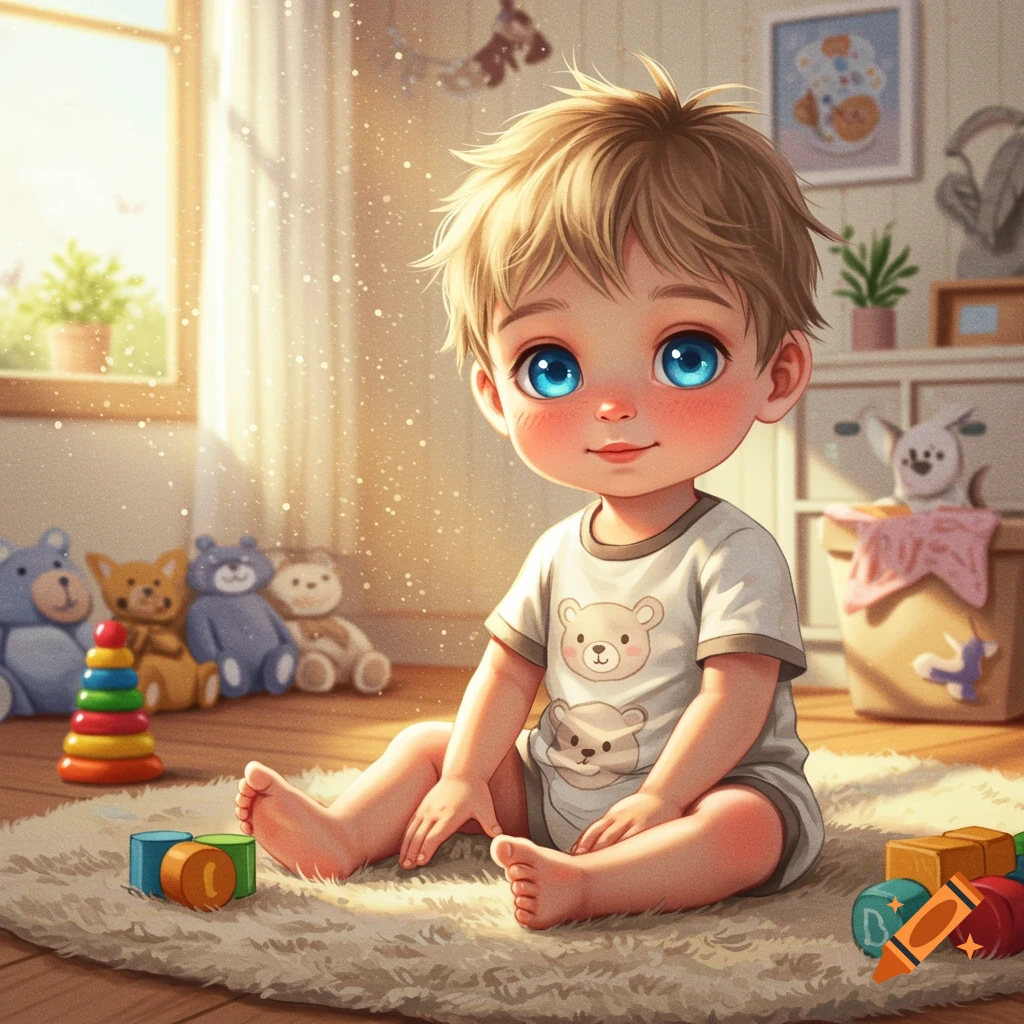 A cute baby boy in a sunlit nursery with toys
