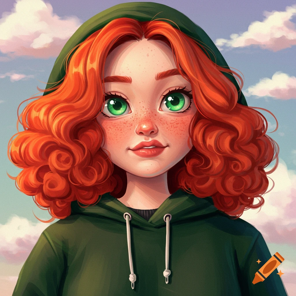 A young woman with red curly hair, green eyes, and freckles, wearing a green hoodie, against a cloudy sky.