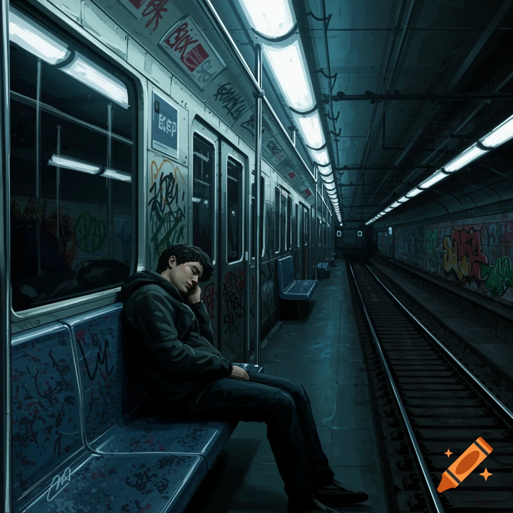 A person sleeping on a graffiti-covered subway train car at night.
