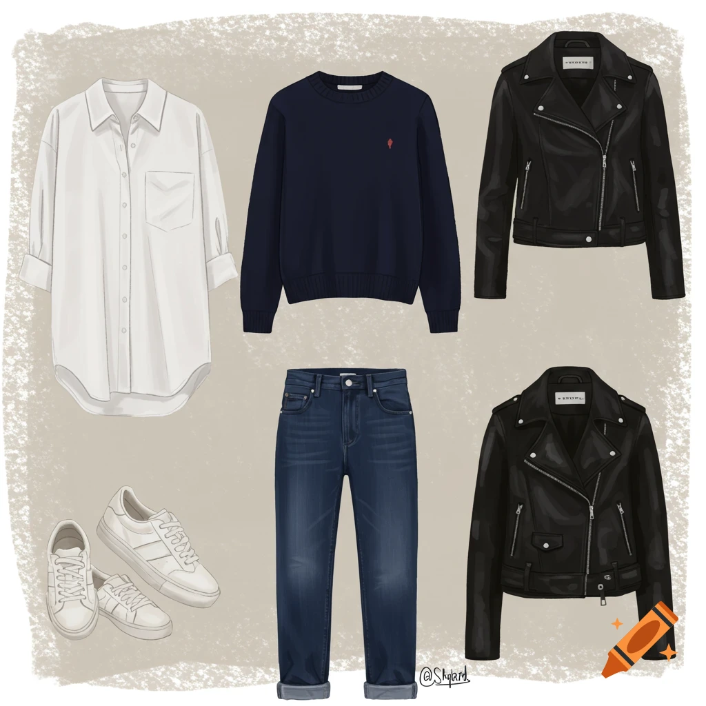 A flat lay arrangement shows a white shirt, navy sweater, jeans, sneakers, and two black leather jackets.