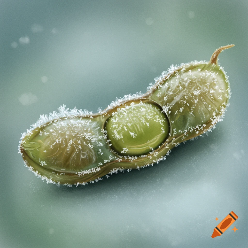 a soybean pod covered in frost