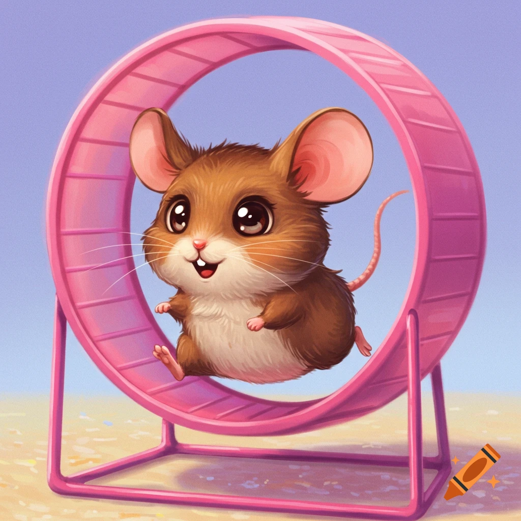 A cute cartoon mouse runs in a pink hamster wheel.