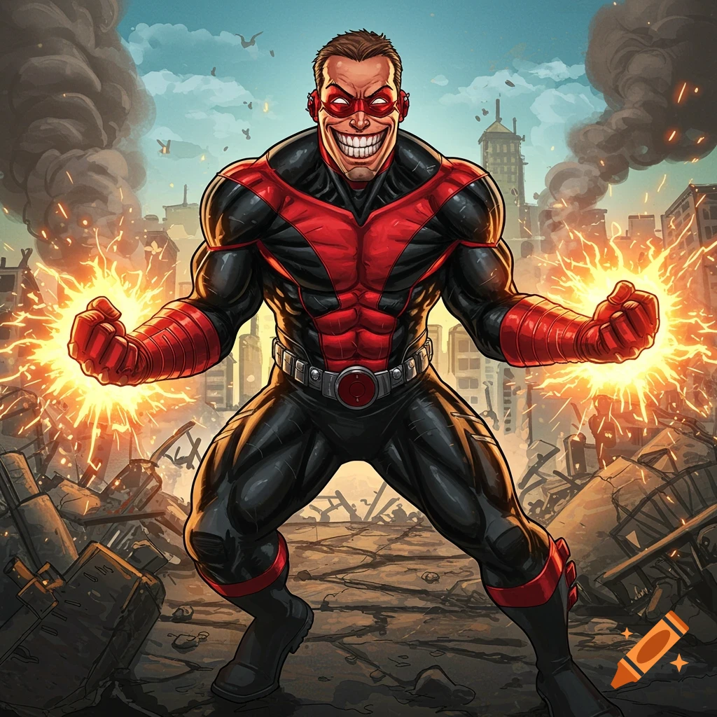 A muscular superhero in red and black suit poses in a ruined city, conjuring energy in his hands.