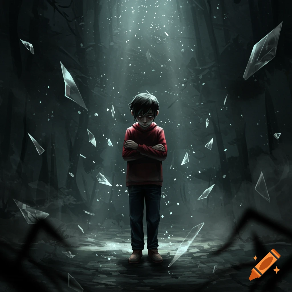 A sad boy stands in a dark environment surrounded by shattered glass.