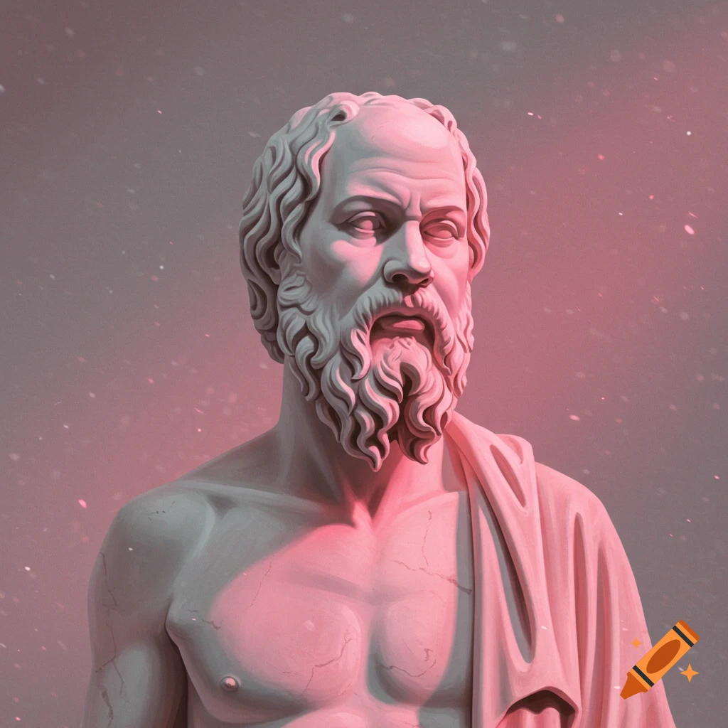 Marble statue of Socrates lit by pink light.