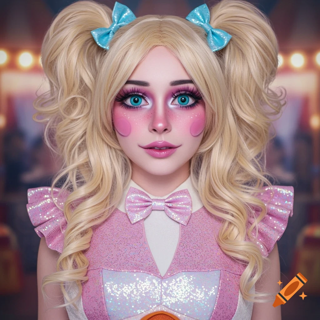 Portrait of a woman dressed as Circus Baby from FNAF with blonde pigtails and theatrical makeup.